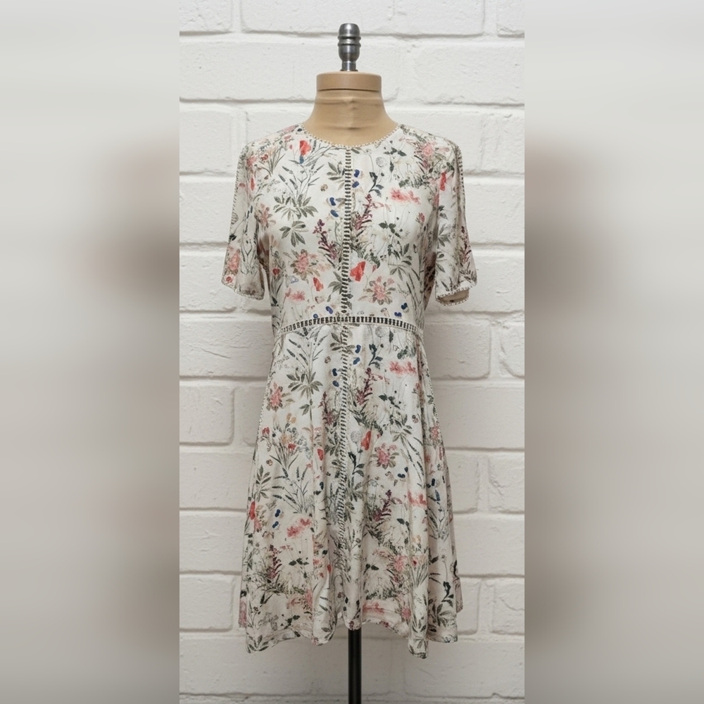 The Kooples Off-White Botanical Silk Crepe Dress Size S